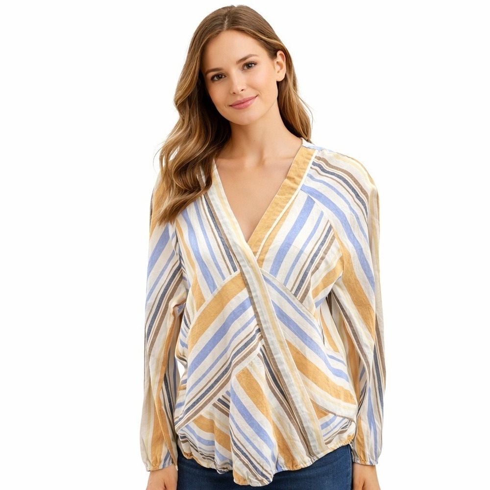 Striped Wrap Blouse Top Blue Mustard Boho Coastal Striped Top Medium